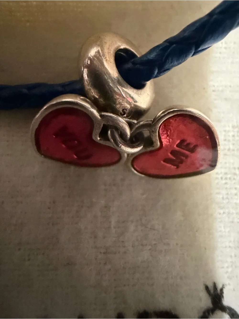 Pandora Blue Braided Leather Bracelet with Red Heart Charm and Silver Accent